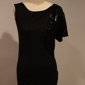 One Shoulder Top w/ Sequined Short Sleeve